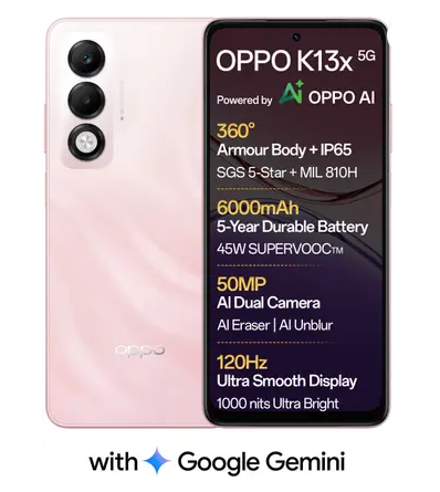 OPPO K13x 5G 6000mAh and 45W SUPERVOOC Charger & AI (Sunset Peach, 128 GB) (4 GB RAM)